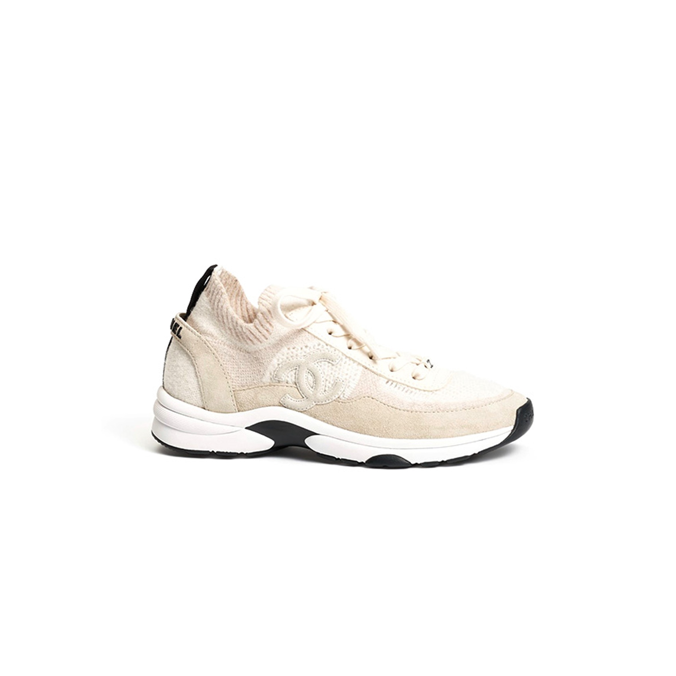 Ch*el white knit fabric and suede cc lace up sneakers g38750
